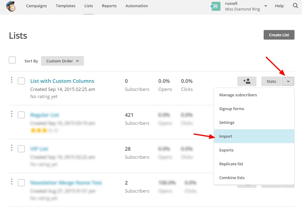import mailchimp list tab