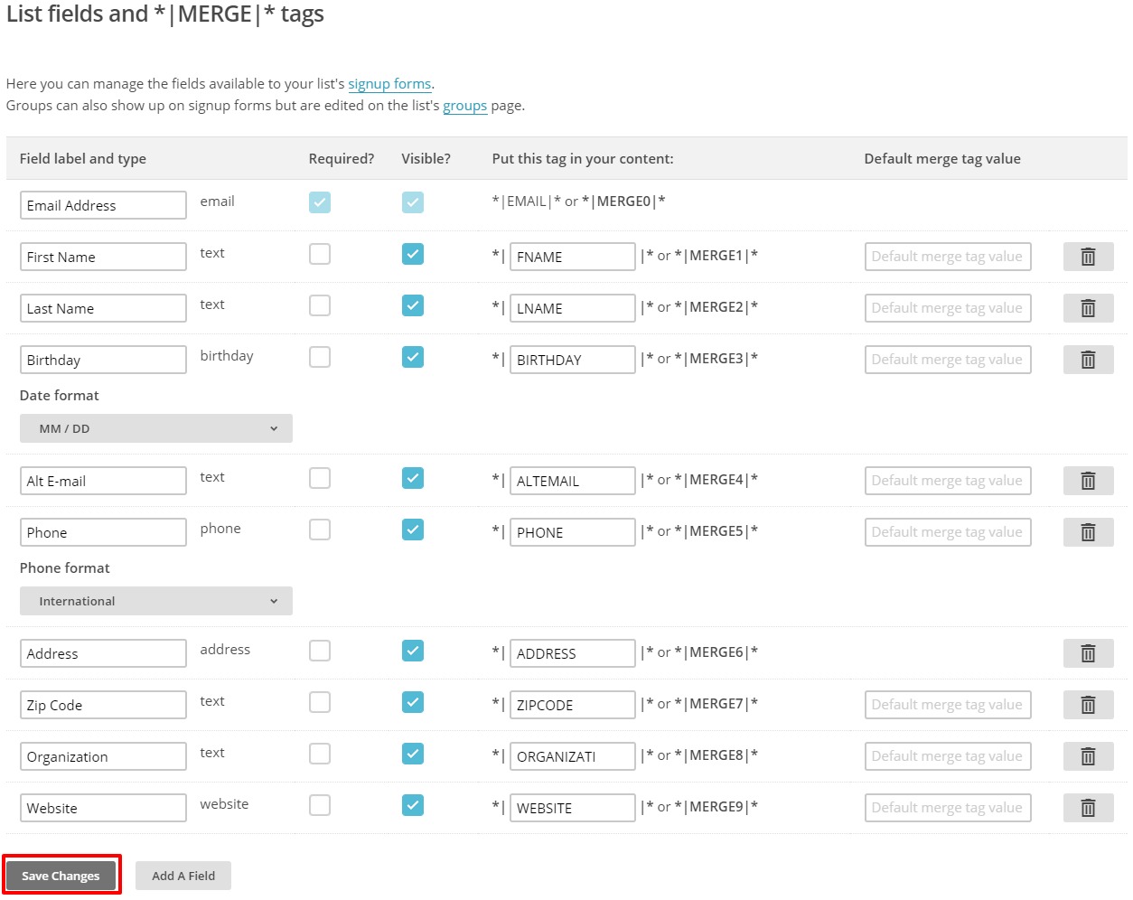 mailchimp all created fields