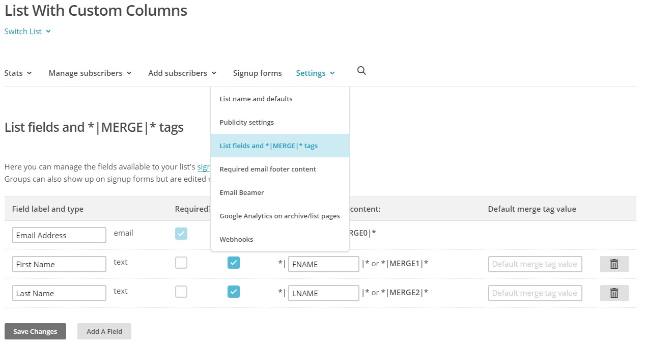 mailchimp form fields